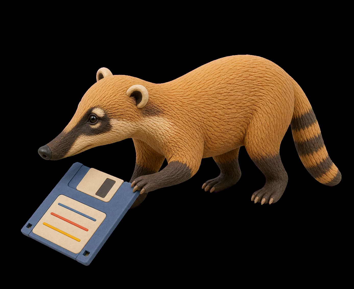 Claymation coati pinning the corner of a floppy disk